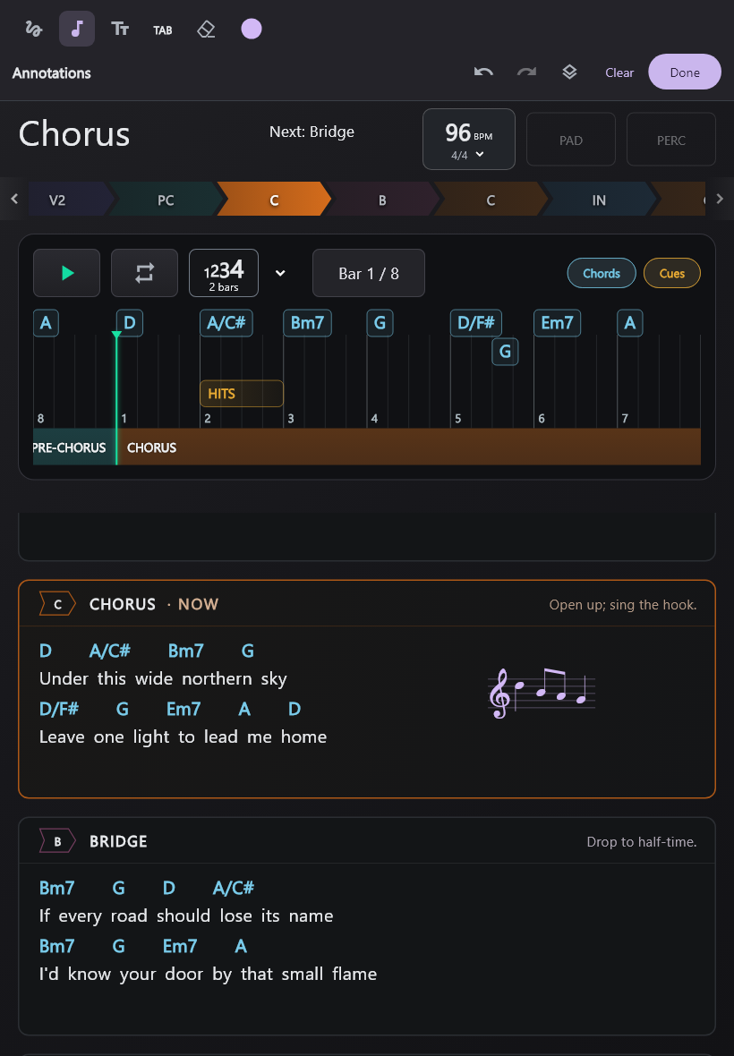 Close-up of actual portrait ChartLive: enter a melody and place compact notation beside the lyrics.