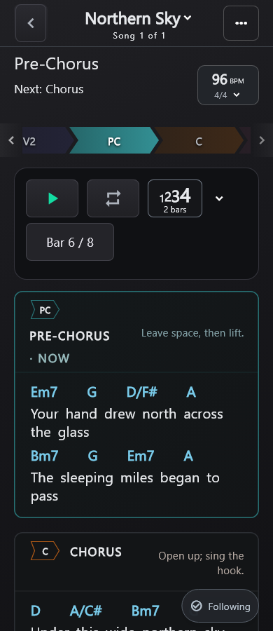 ChartLive phone view with the Pre-Chorus, chord timeline and upcoming Chorus.