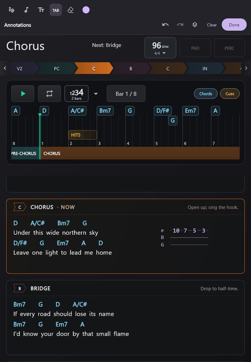 Portrait musician view in Dark theme, with private guitar TAB directly on the chart.