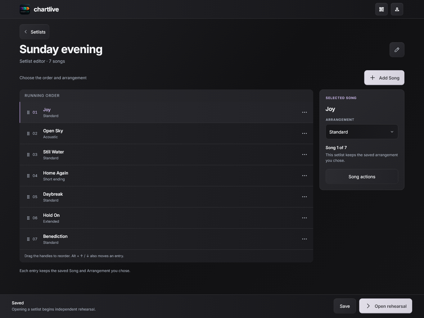 ChartLive's setlist editor, with running order and each song's chosen arrangement.