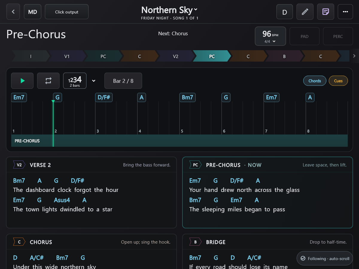 The music director's original chart, before adding BUILD across the final two bars of the Pre-Chorus.